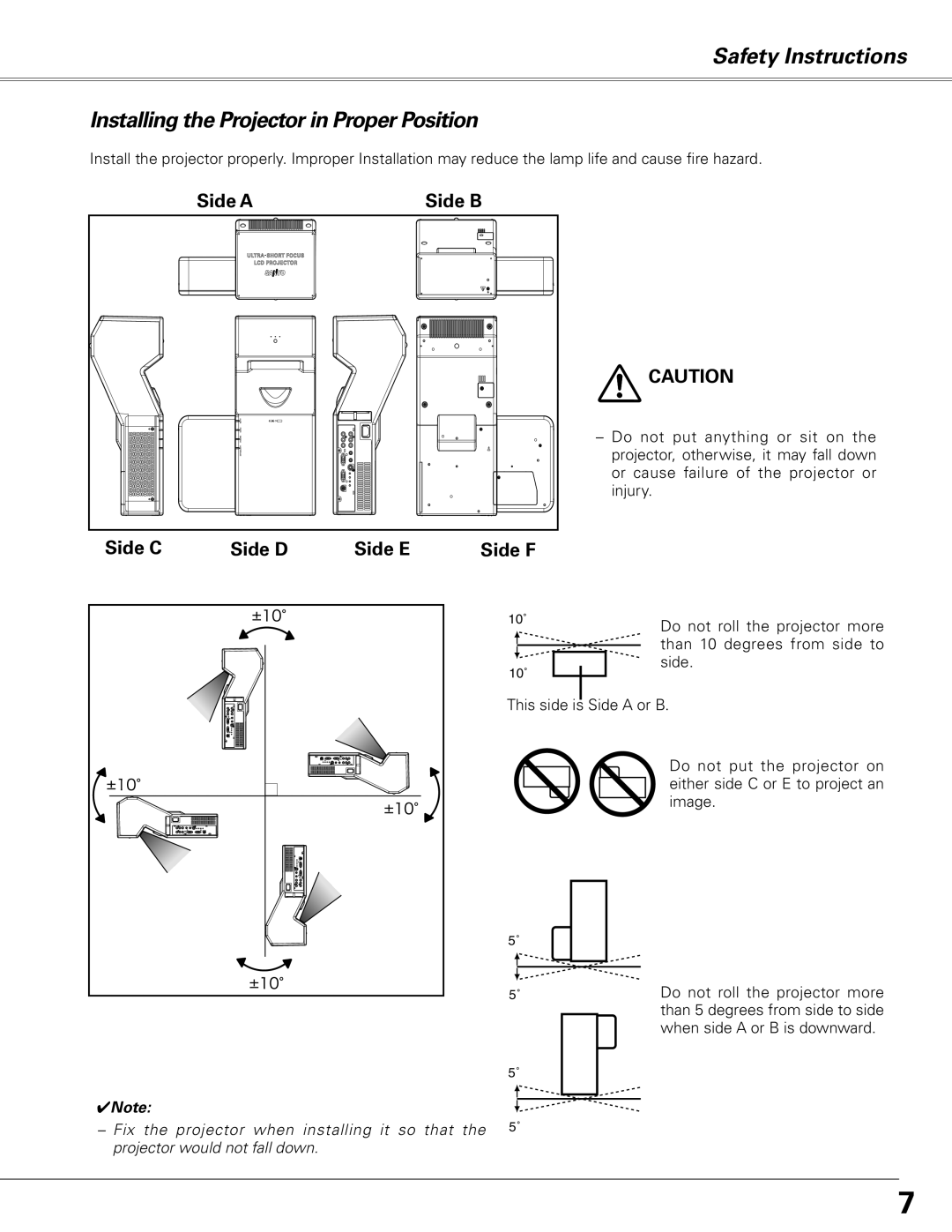 Sanyo PLC-XE50 Safety Instructions Installing the Projector in Proper Position, Side A, Side B, Side C, Side D, Side E 