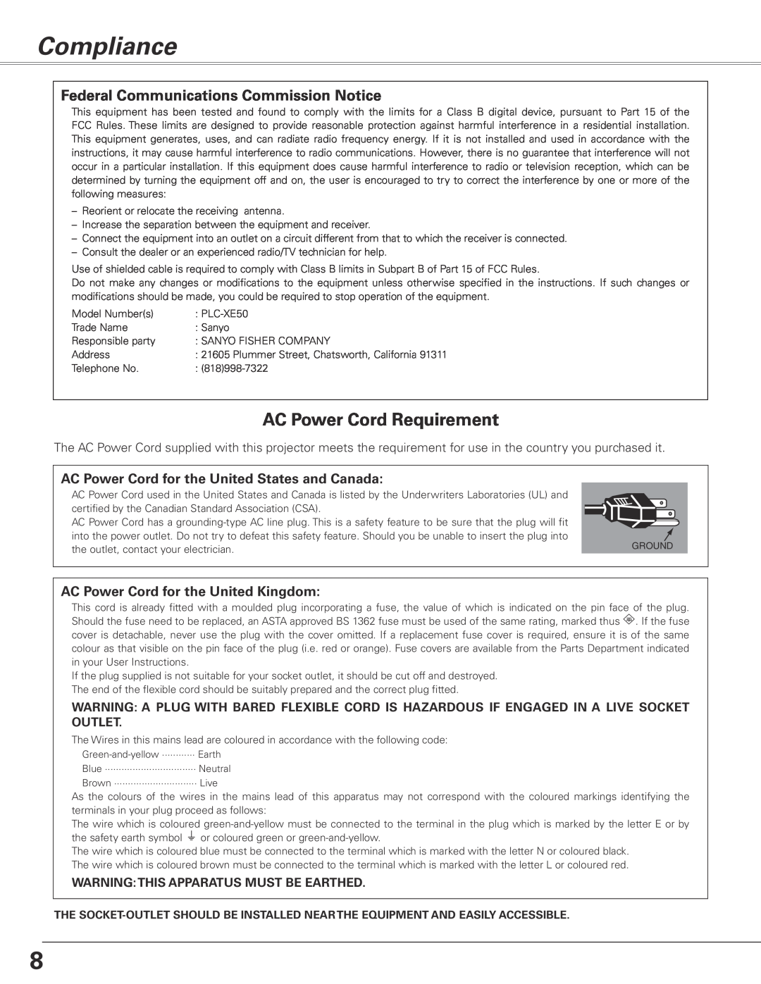Sanyo PLC-XE50 owner manual Compliance, AC Power Cord Requirement, Federal Communications Commission Notice 