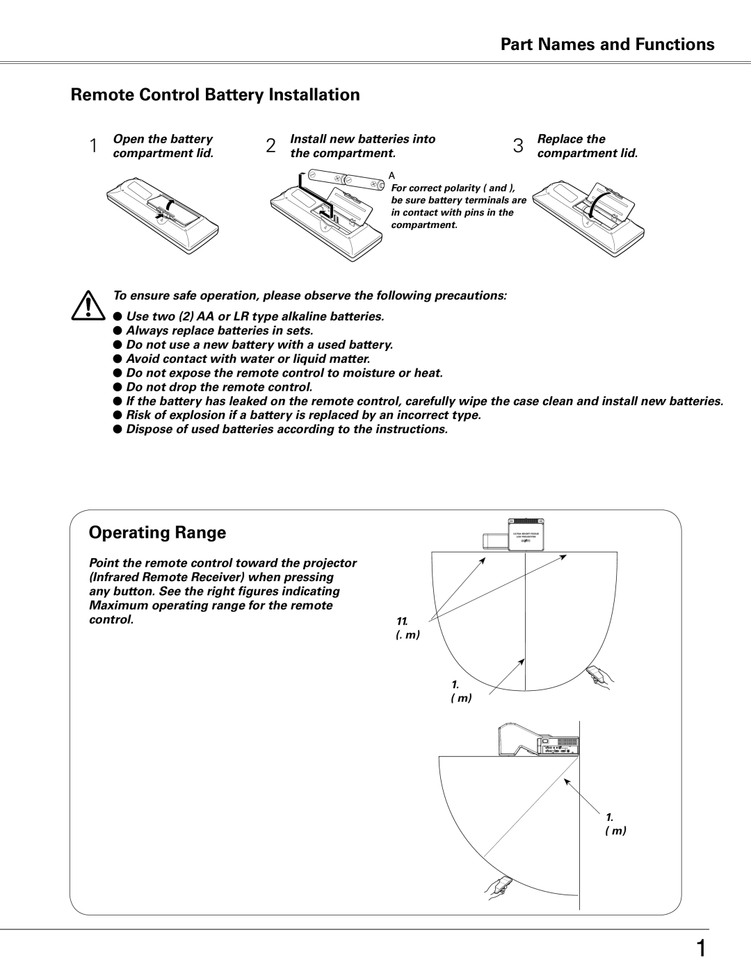 Sanyo PLC-XE50 owner manual Part Names and Functions Remote Control Battery Installation, Operating Range 