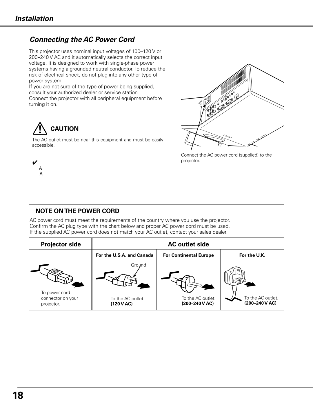 Sanyo PLC-XE50 owner manual Installation Connecting the AC Power Cord, Projector side AC outlet side 