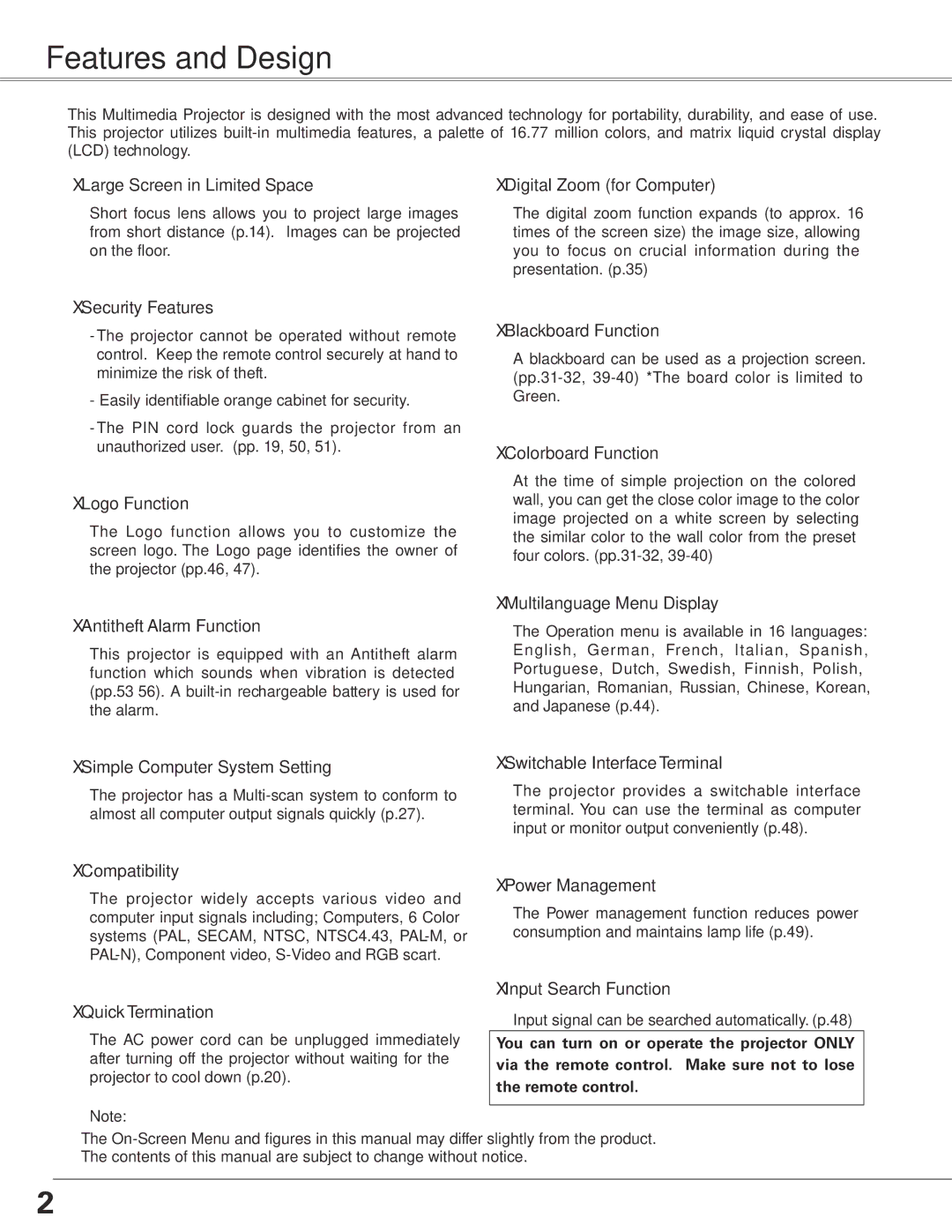 Sanyo PLC-XE50 owner manual Features and Design, Large Screen in Limited Space 