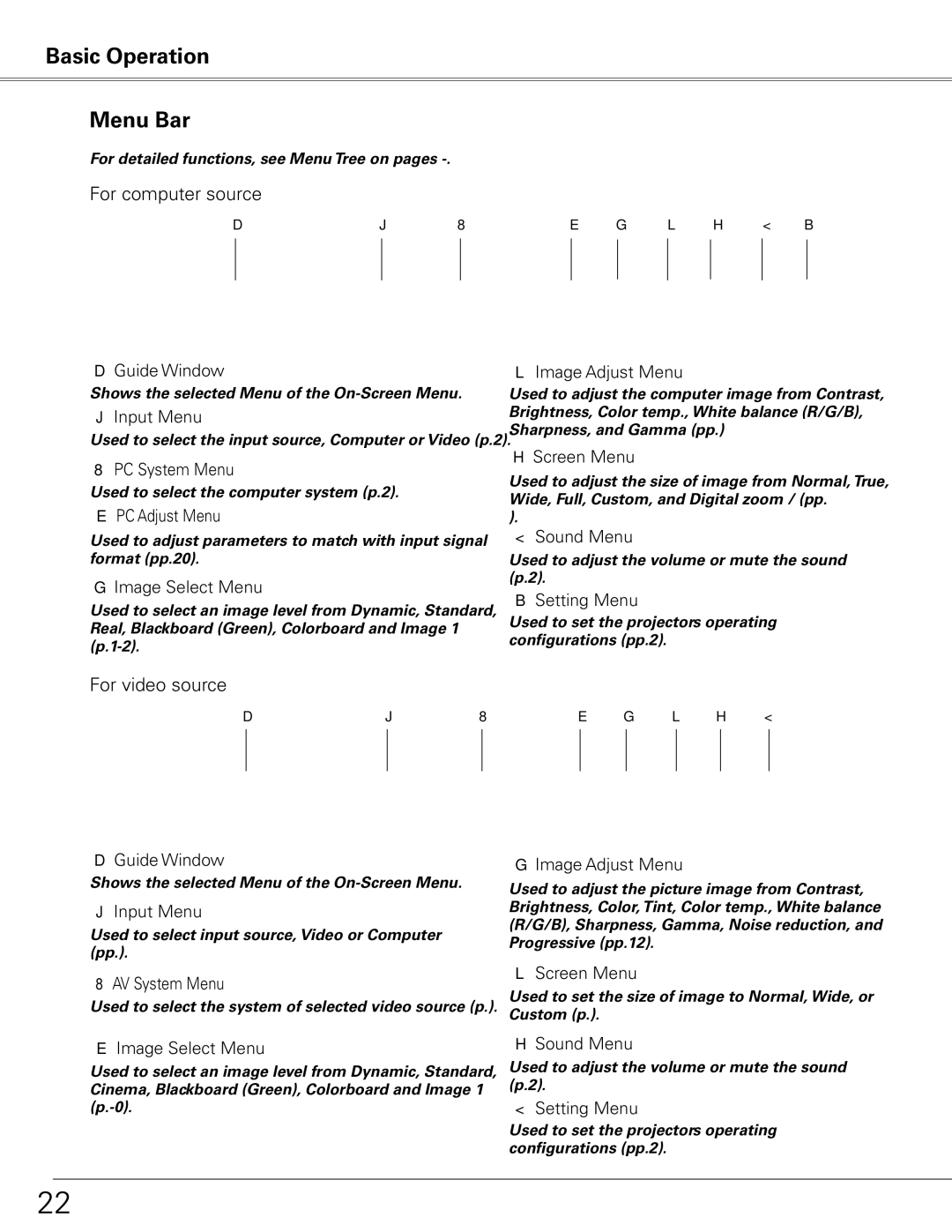 Sanyo PLC-XE50 owner manual Basic Operation Menu Bar, For computer source 