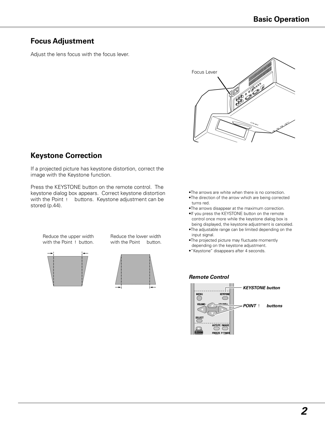 Sanyo PLC-XE50 owner manual Basic Operation Focus Adjustment, Keystone Correction, Remote Control 