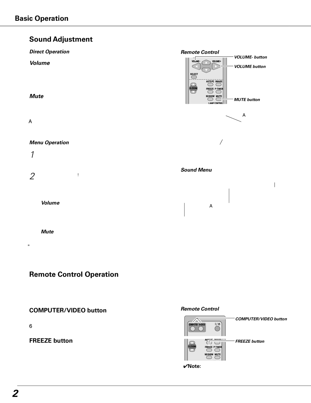 Sanyo PLC-XE50 Basic Operation Sound Adjustment, Remote Control Operation, COMPUTER/VIDEO button, Freeze button 