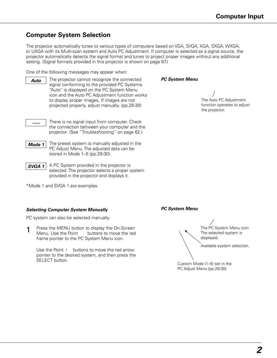 Sanyo PLC-XE50 Computer Input Computer System Selection, Auto, PC System Menu, Mode, Selecting Computer System Manually 