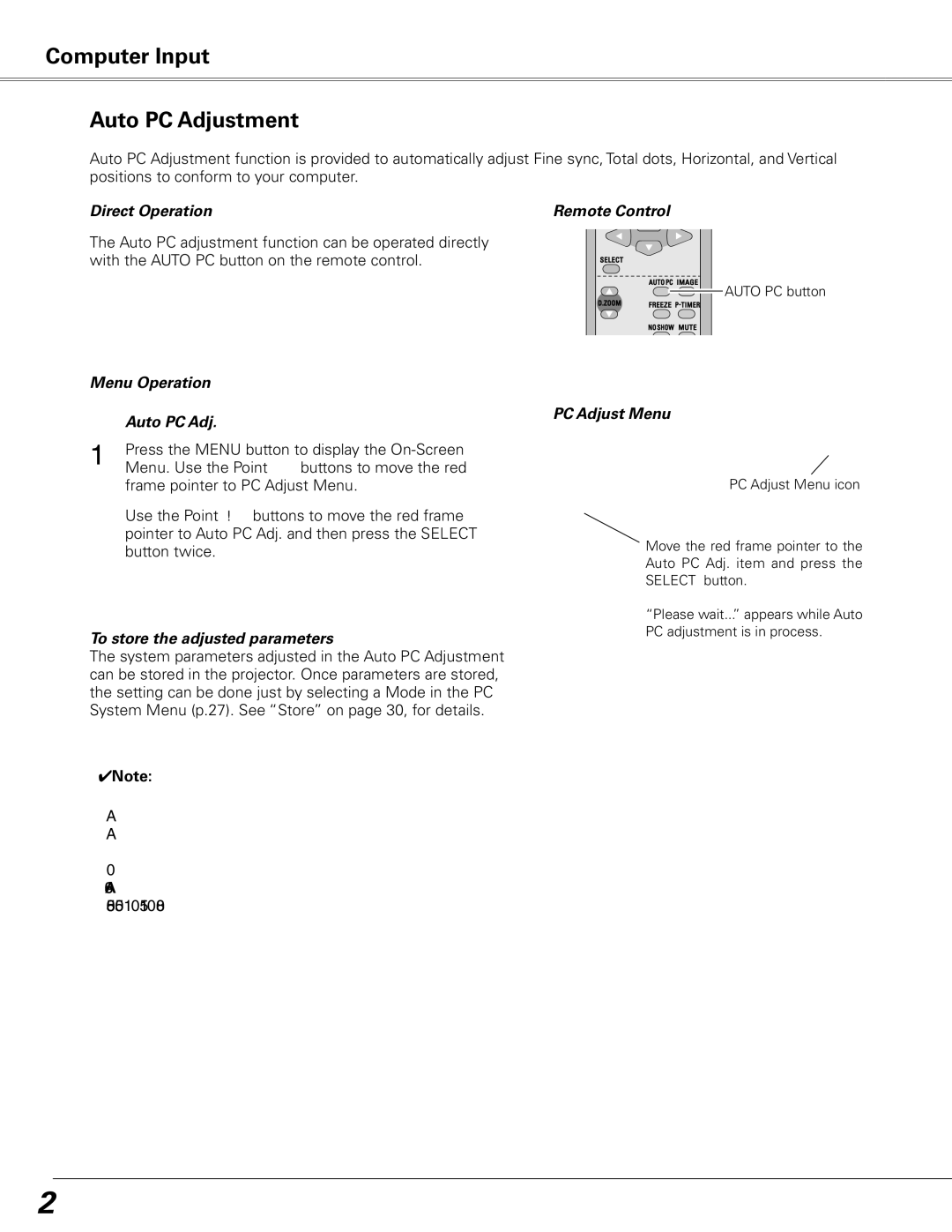 Sanyo PLC-XE50 owner manual Computer Input Auto PC Adjustment, Direct Operation Remote Control, Menu Operation Auto PC Adj 