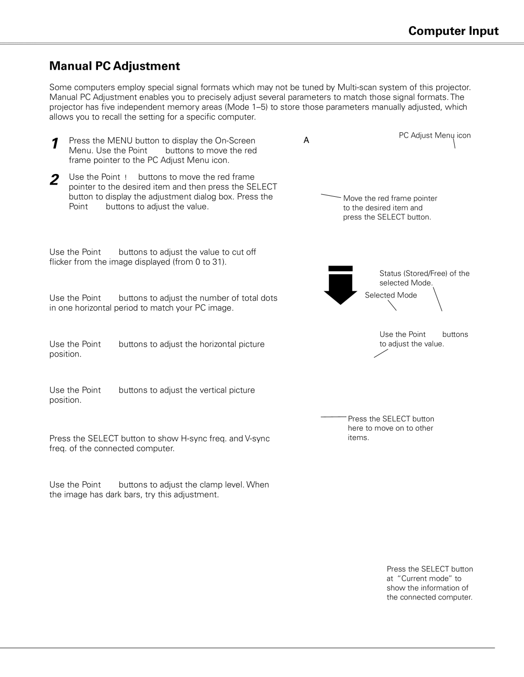 Sanyo PLC-XE50 owner manual Computer Input Manual PC Adjustment 