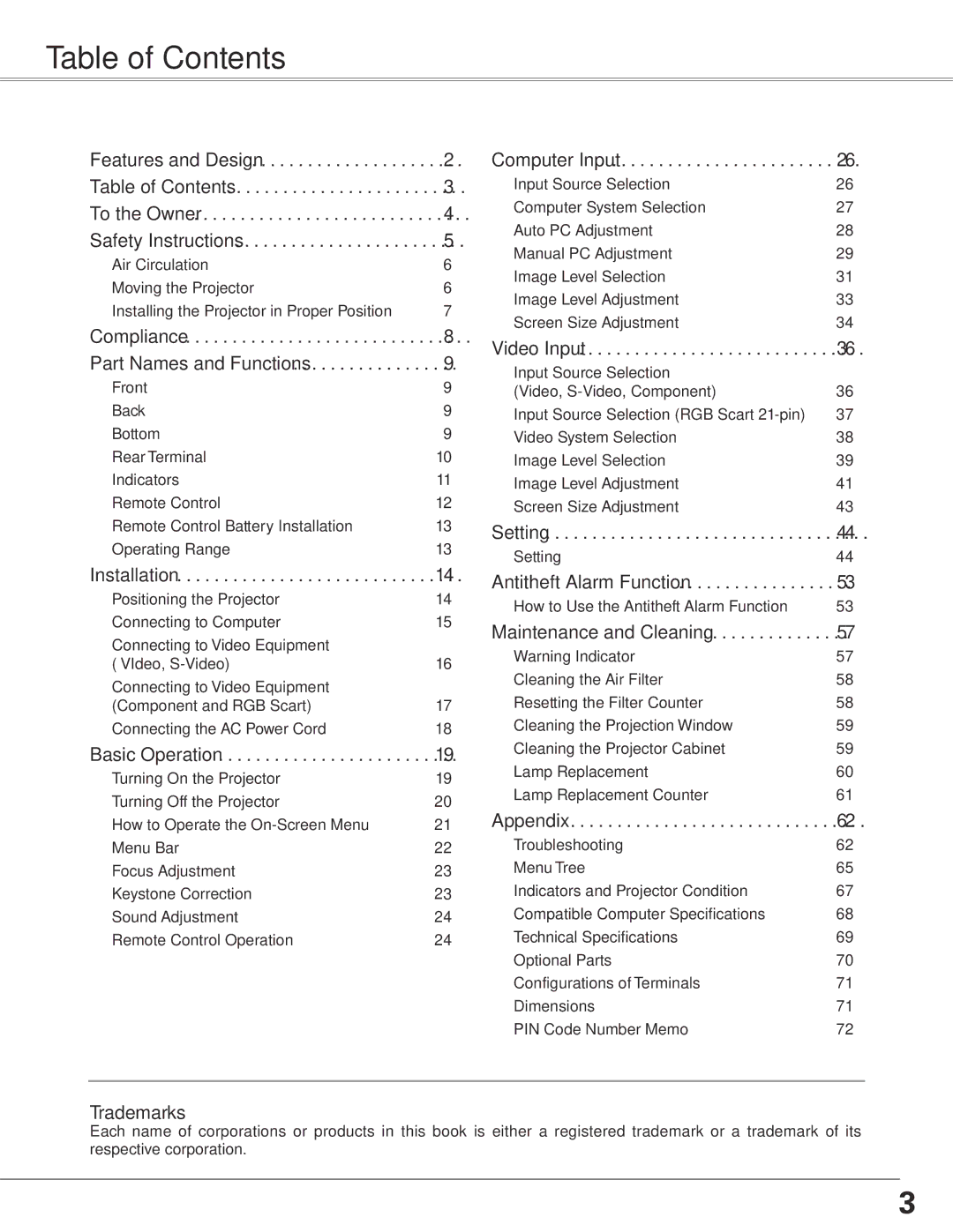 Sanyo PLC-XE50 owner manual Table of Contents 