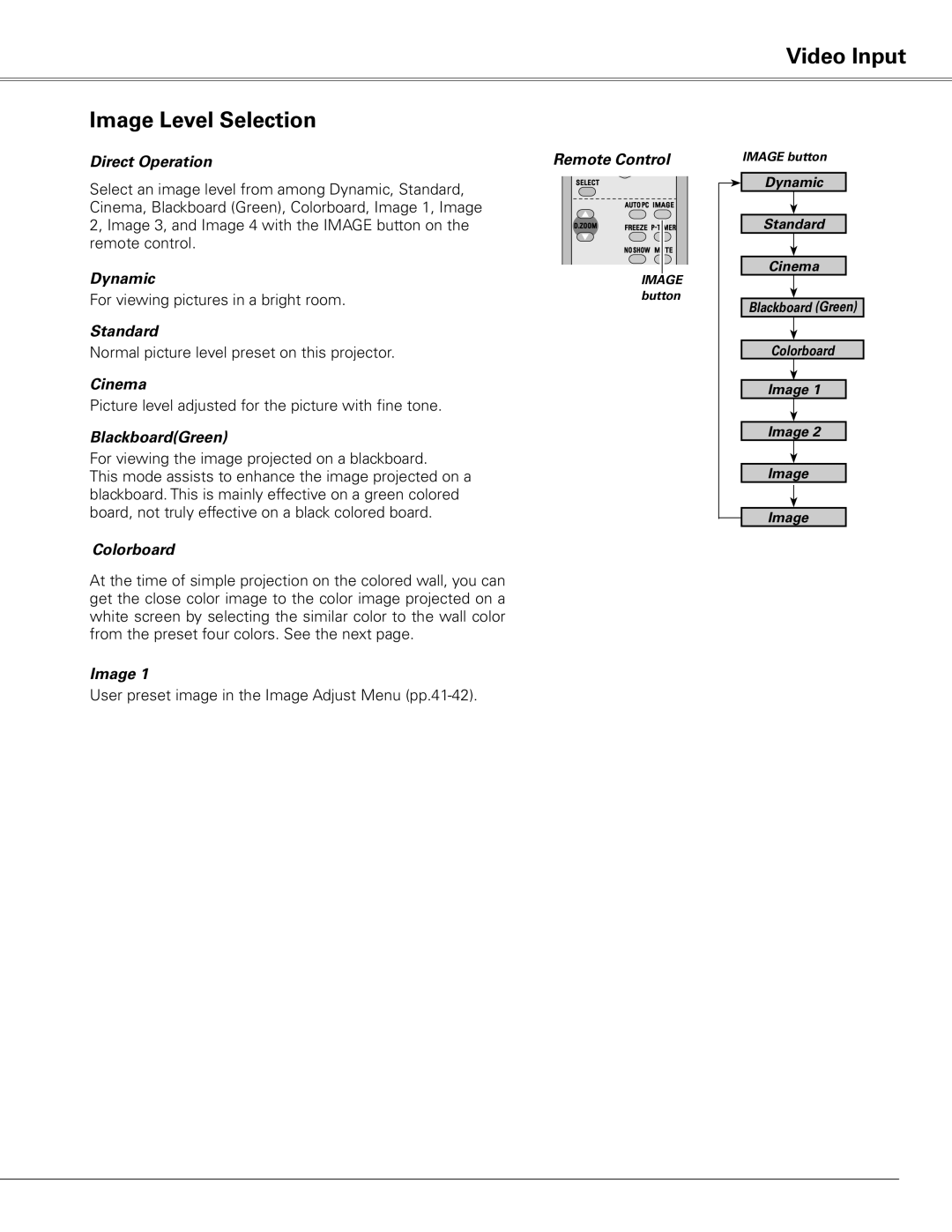 Sanyo PLC-XE50 owner manual Video Input Image Level Selection, Cinema 