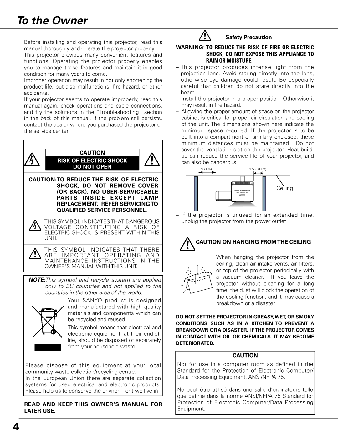 Sanyo PLC-XE50 owner manual To the Owner, Safety Precaution 