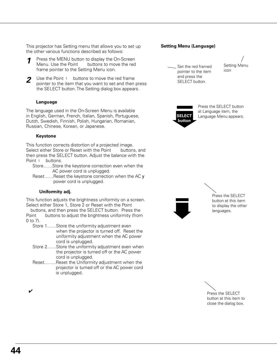 Sanyo PLC-XE50 owner manual Language Setting Menu Language, Keystone, Uniformity adj 