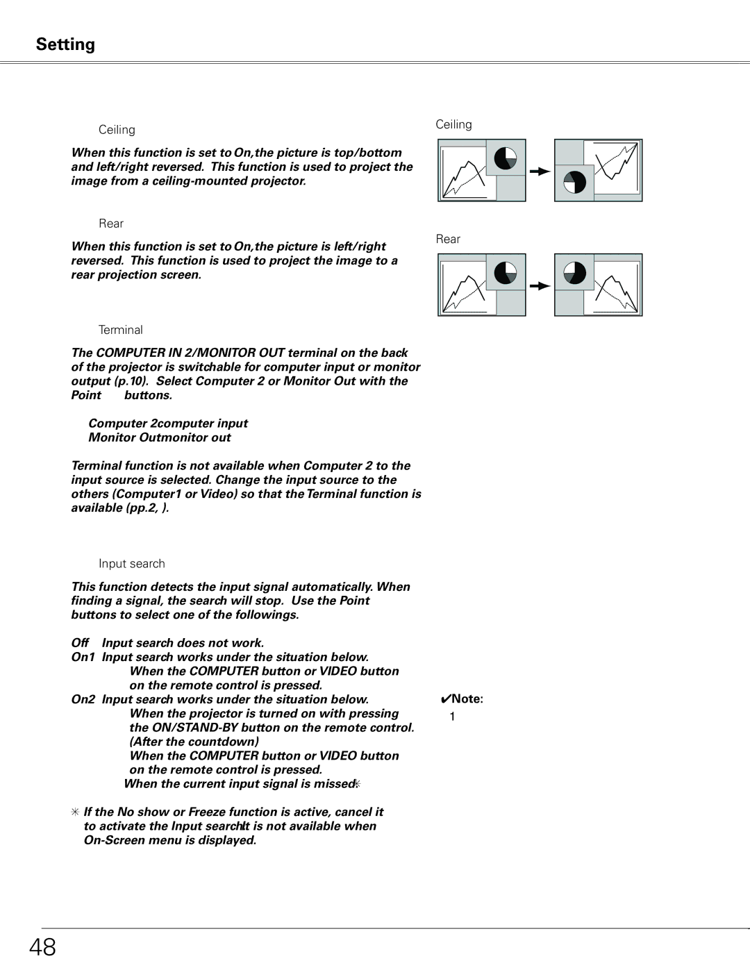 Sanyo PLC-XE50 owner manual Ceiling, Rear, Terminal, Input search 