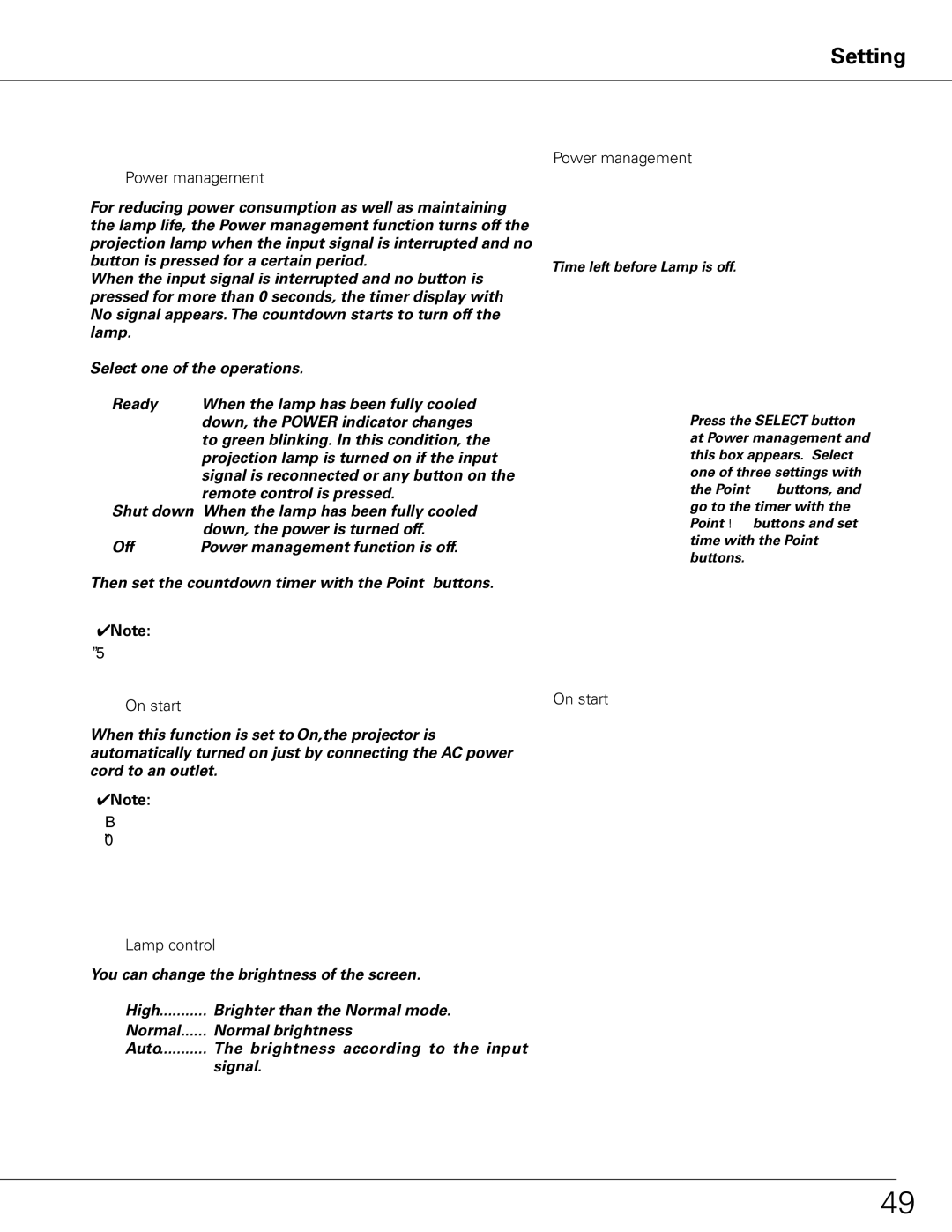 Sanyo PLC-XE50 owner manual Power management, On start, Lamp control 