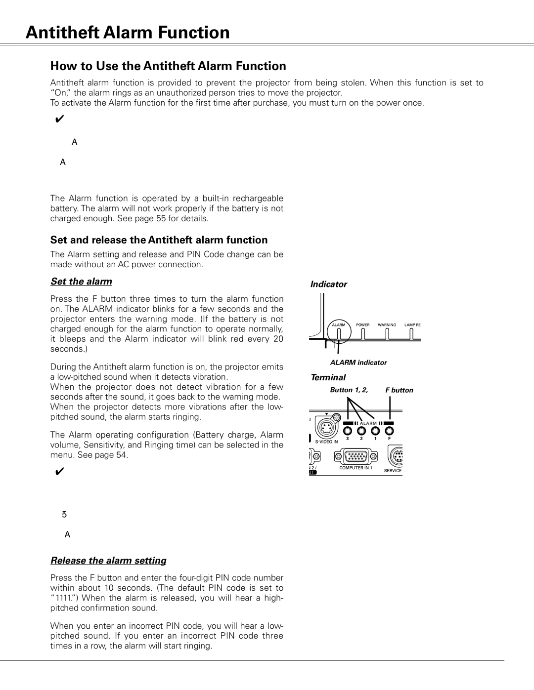 Sanyo PLC-XE50 How to Use the Antitheft Alarm Function, Set and release the Antitheft alarm function, Indicator 