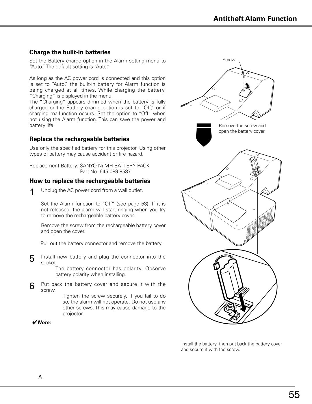 Sanyo PLC-XE50 owner manual Charge the built-in batteries, Replace the rechargeable batteries 