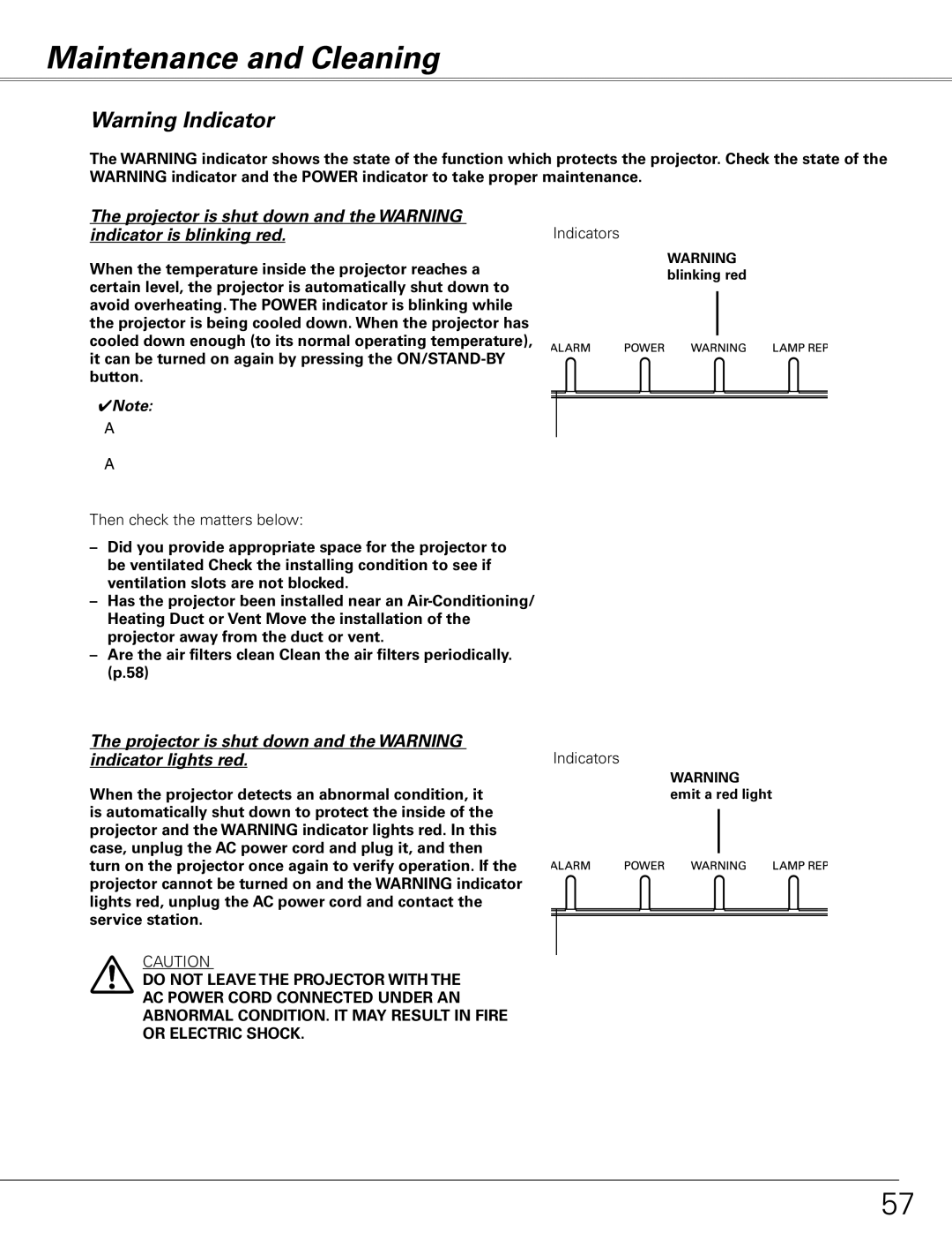 Sanyo PLC-XE50 owner manual Maintenance and Cleaning, Then check the matters below, Indicators 