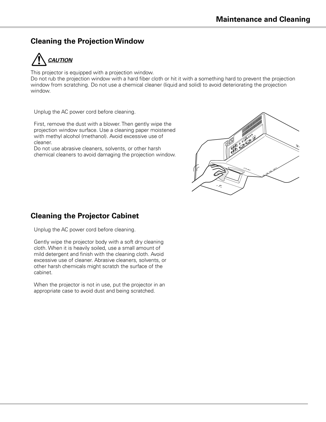 Sanyo PLC-XE50 owner manual Maintenance and Cleaning Cleaning the Projection Window, Cleaning the Projector Cabinet 