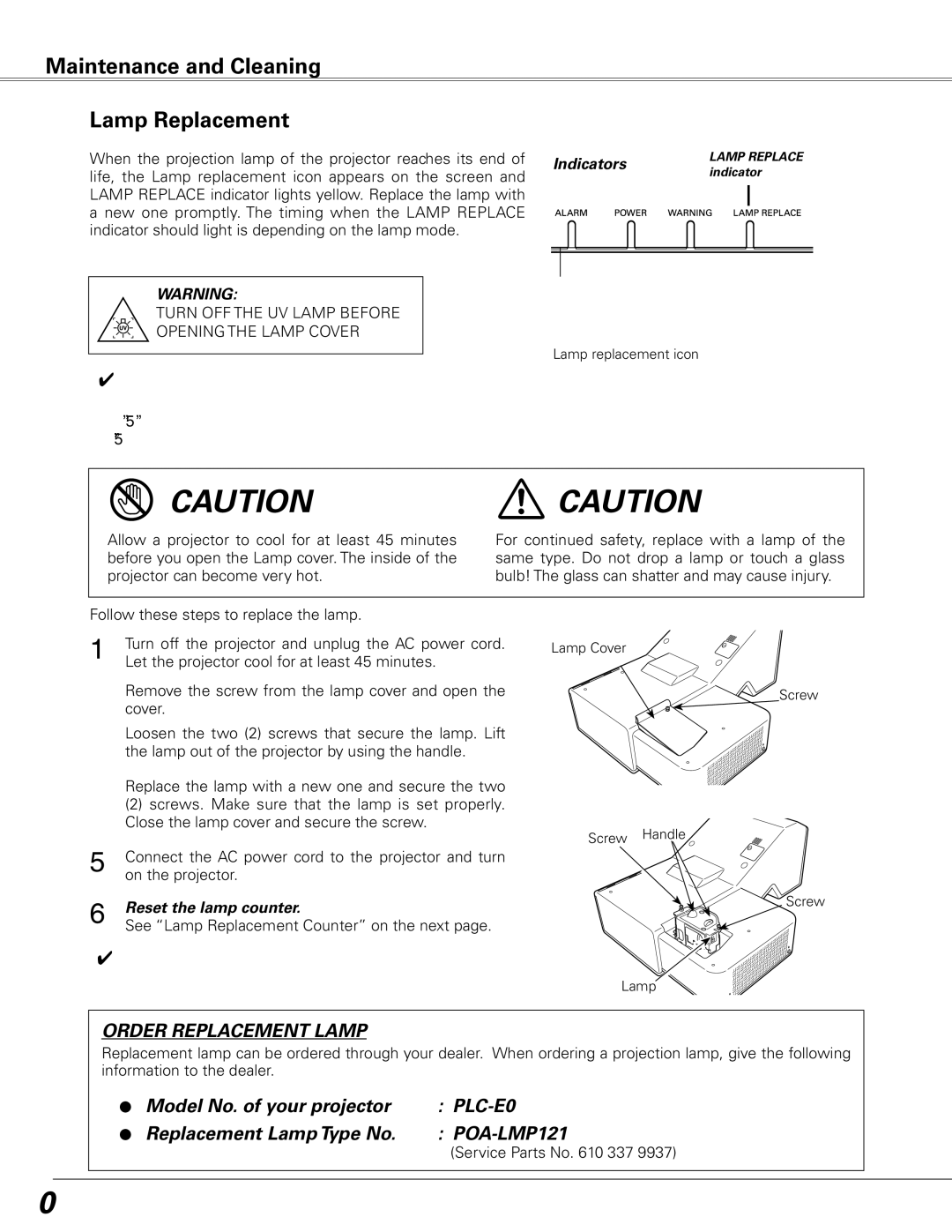 Sanyo PLC-XE50 owner manual Maintenance and Cleaning Lamp Replacement, Reset the lamp counter, Service Parts No 337 