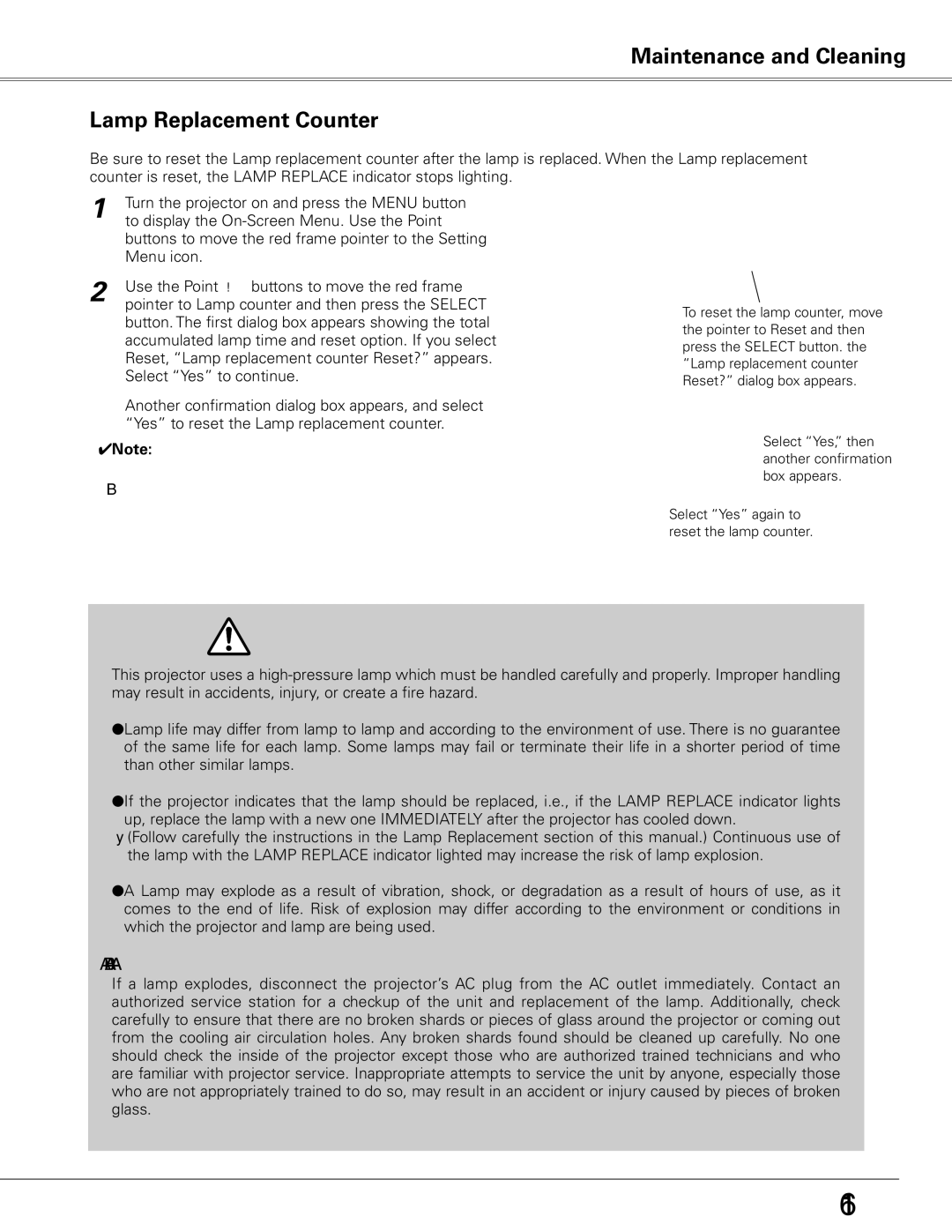 Sanyo PLC-XE50 owner manual Lamp Handling Precautions, Maintenance and Cleaning Lamp Replacement Counter 