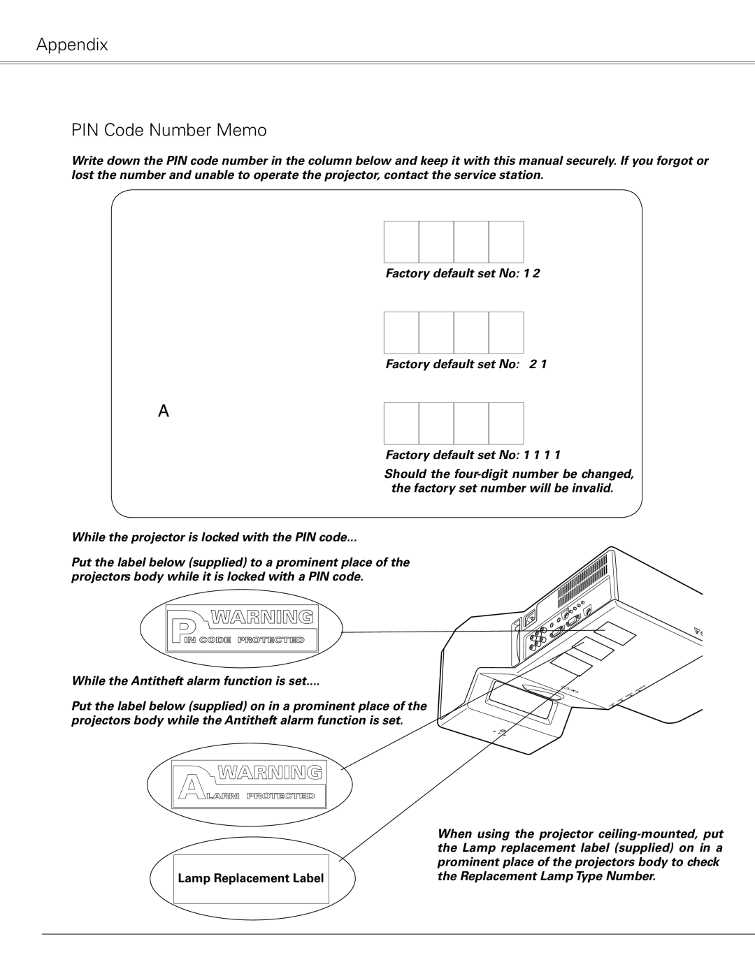 Sanyo PLC-XE50 owner manual Appendix PIN Code Number Memo, Lamp Replacement Label 