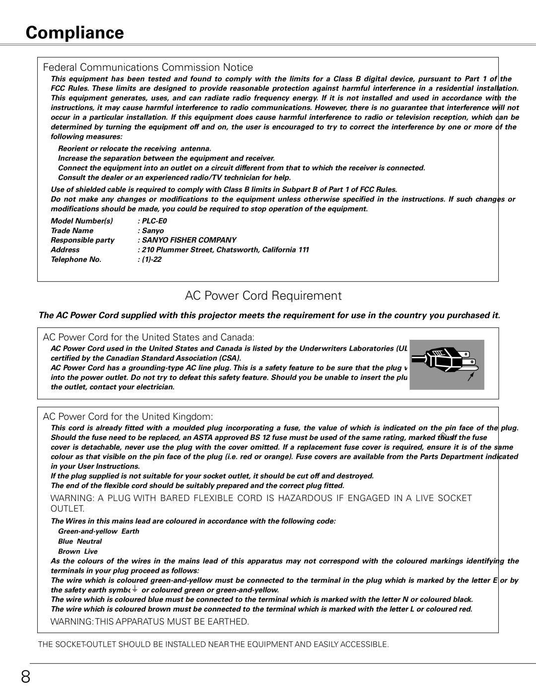 Sanyo PLC-XE50 owner manual Compliance, Federal Communications Commission Notice 