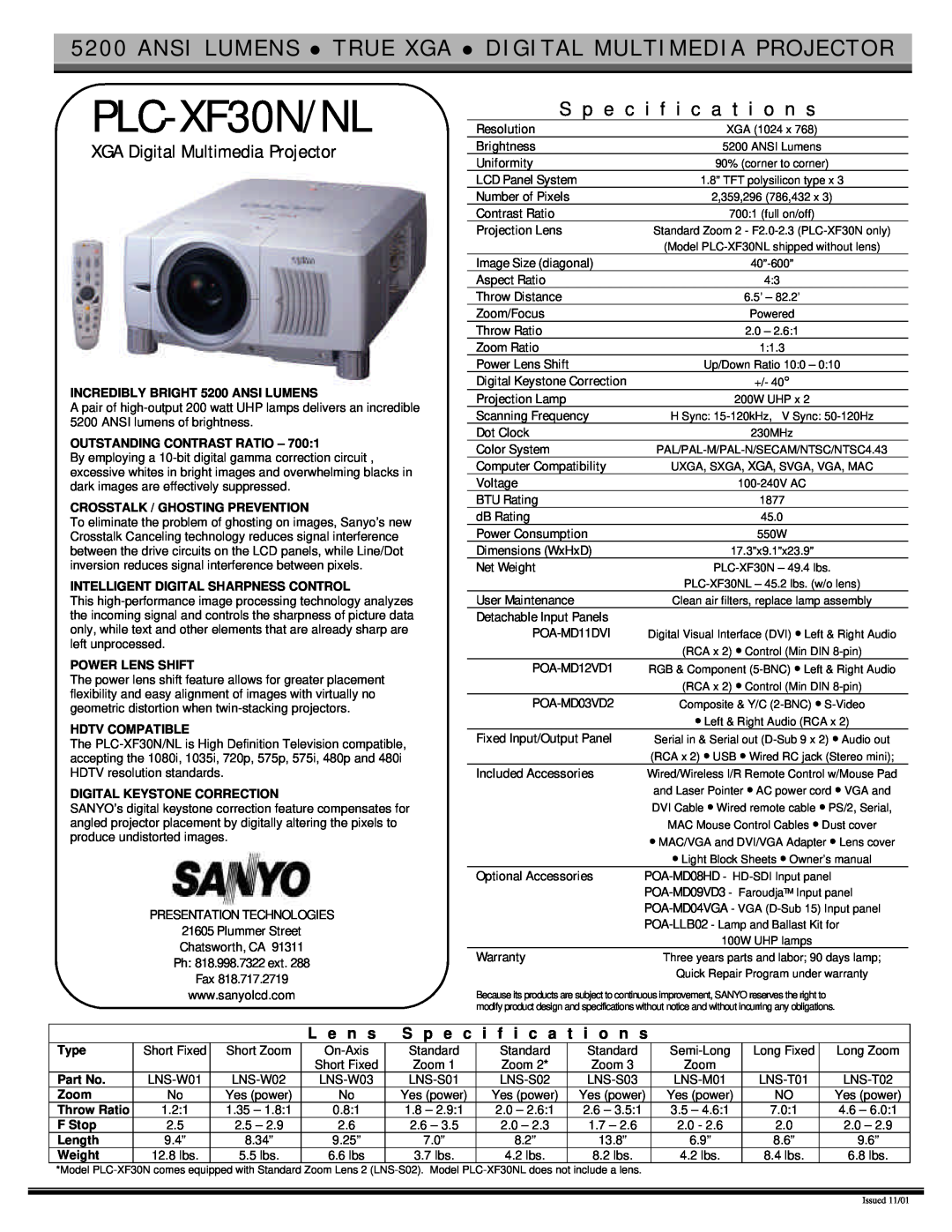 Sanyo specifications PLC-XF30N/NL, S p e c i f i c a t i o n s, XGA Digital Multimedia Projector, L e n s 