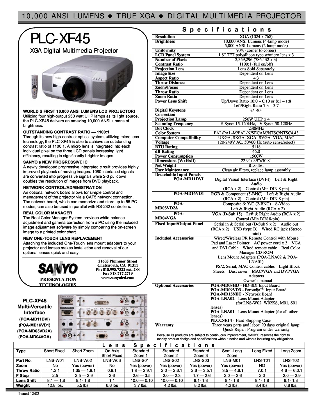 Sanyo PLC-XF45 specifications XGA Digital Multimedia Projector, S p e c i f i c a t i o n s, L e n s 