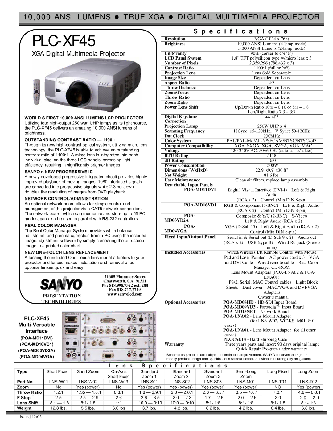 Sanyo PLC-XF45 specifications Multi-Versatile Interface, N s Specification s 