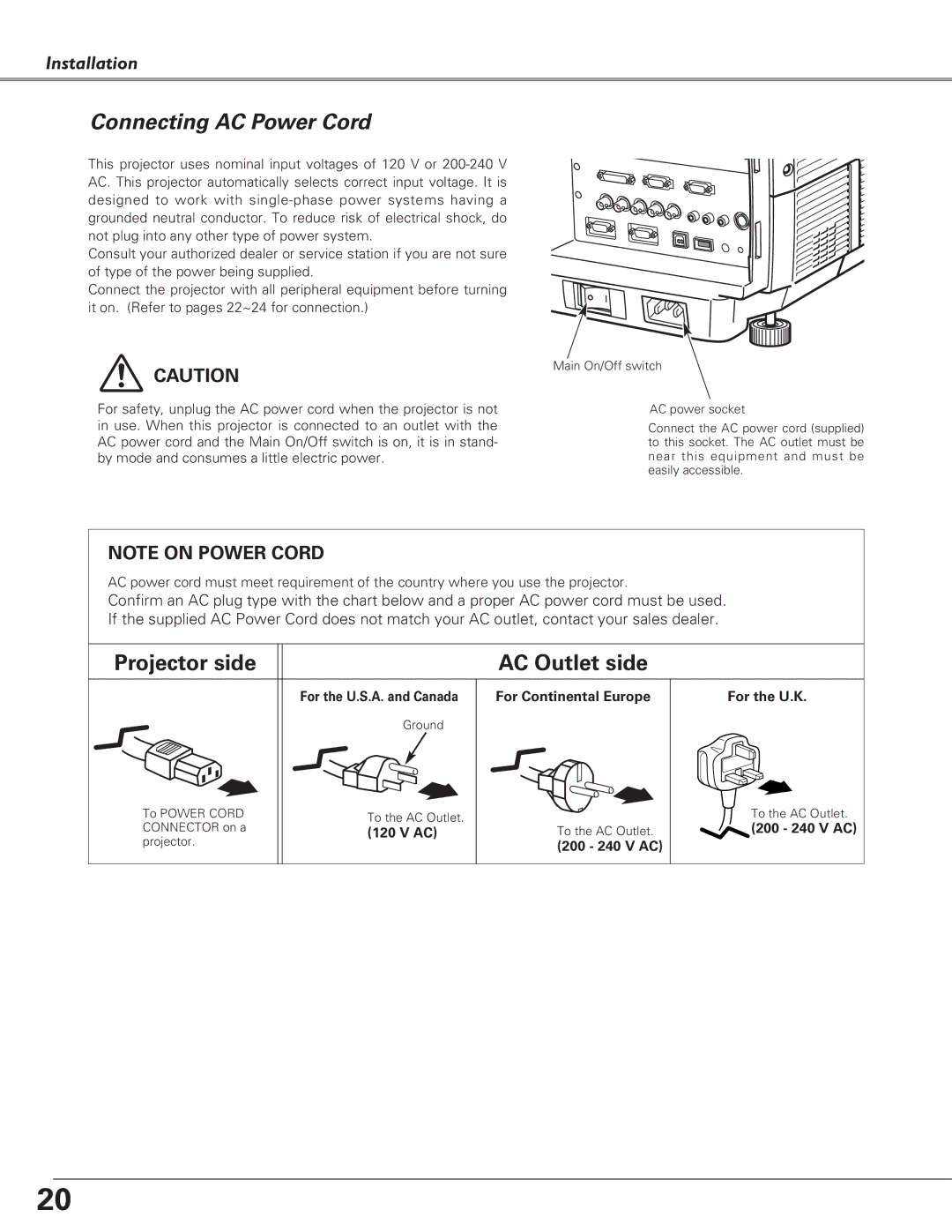 Sanyo Multimedia Projector, PLC-XF60A, PLC-EF60A owner manual Connecting AC Power Cord, 200 240 V AC, Ground 