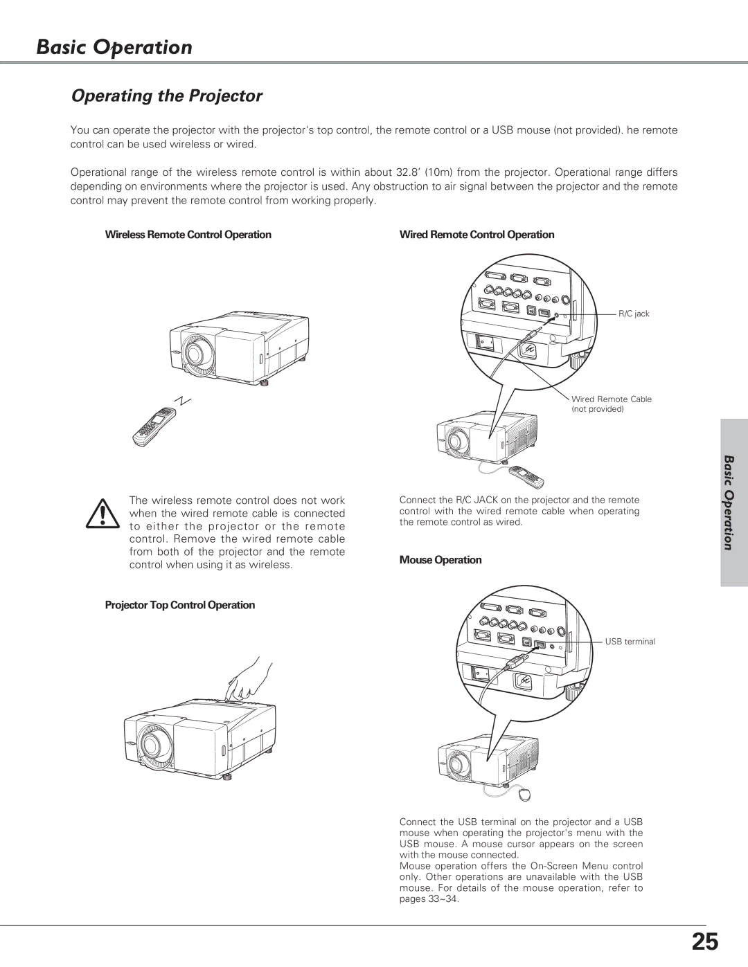 Sanyo PLC-EF60A, PLC-XF60A Basic Operation, Operating the Projector, Wireless Remote Control Operation, Mouse Operation 