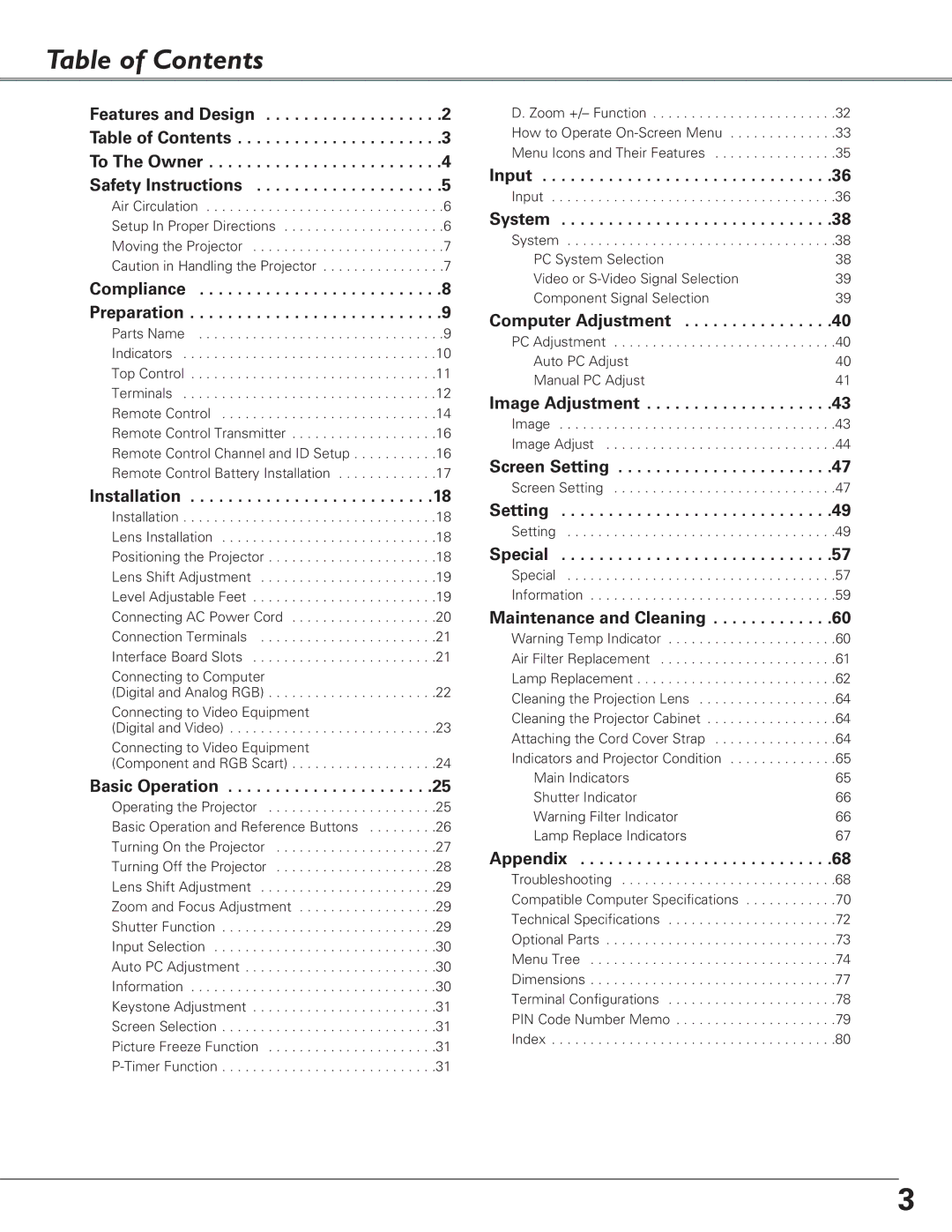 Sanyo PLC-XF60A, PLC-EF60A, Multimedia Projector owner manual Table of Contents 