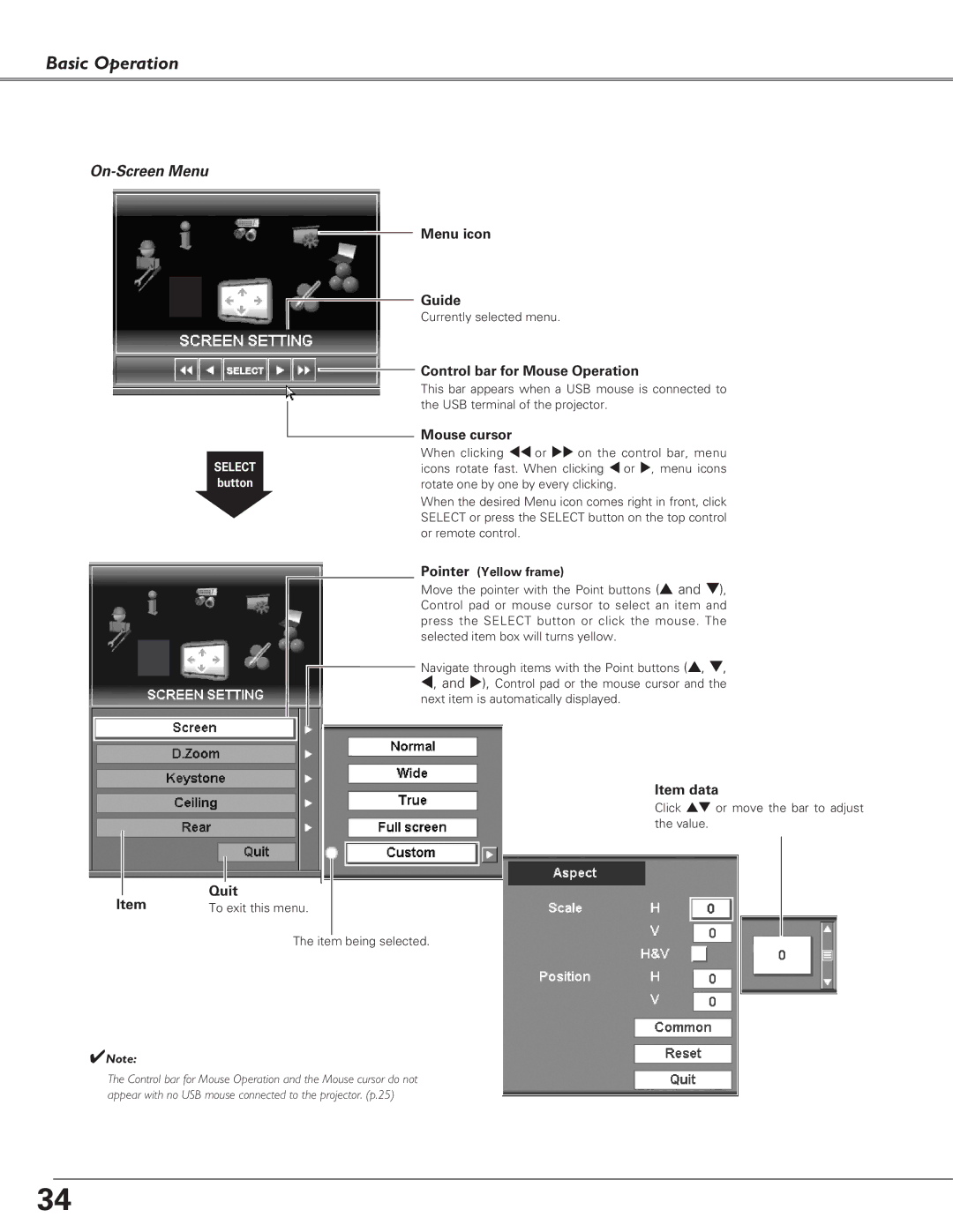 Sanyo PLC-EF60A, PLC-XF60A owner manual Menu icon Guide, Control bar for Mouse Operation, Mouse cursor, Item data, Quit 