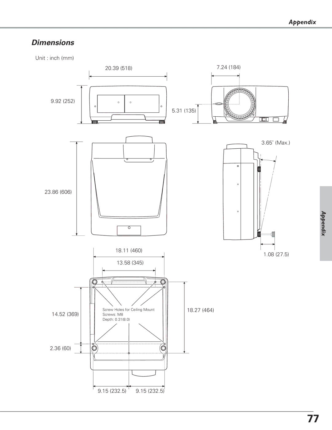 Sanyo Multimedia Projector, PLC-XF60A, PLC-EF60A owner manual Dimensions 