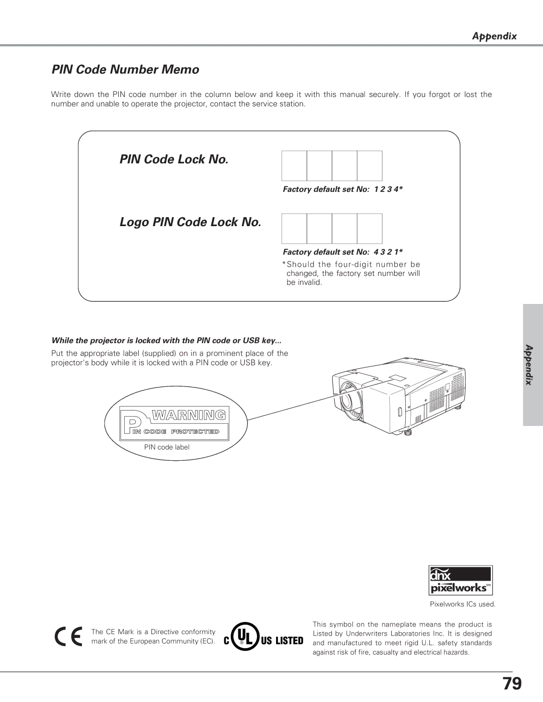 Sanyo PLC-EF60A, PLC-XF60A, Multimedia Projector owner manual PIN Code Number Memo, Logo PIN Code Lock No 