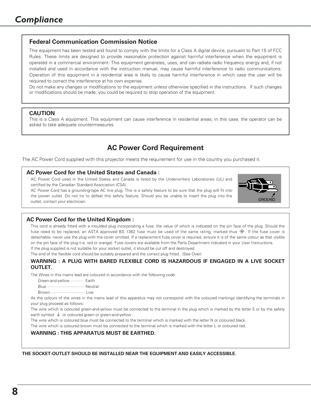 Sanyo Multimedia Projector, PLC-XF60A, PLC-EF60A owner manual Compliance, Federal Communication Commission Notice 