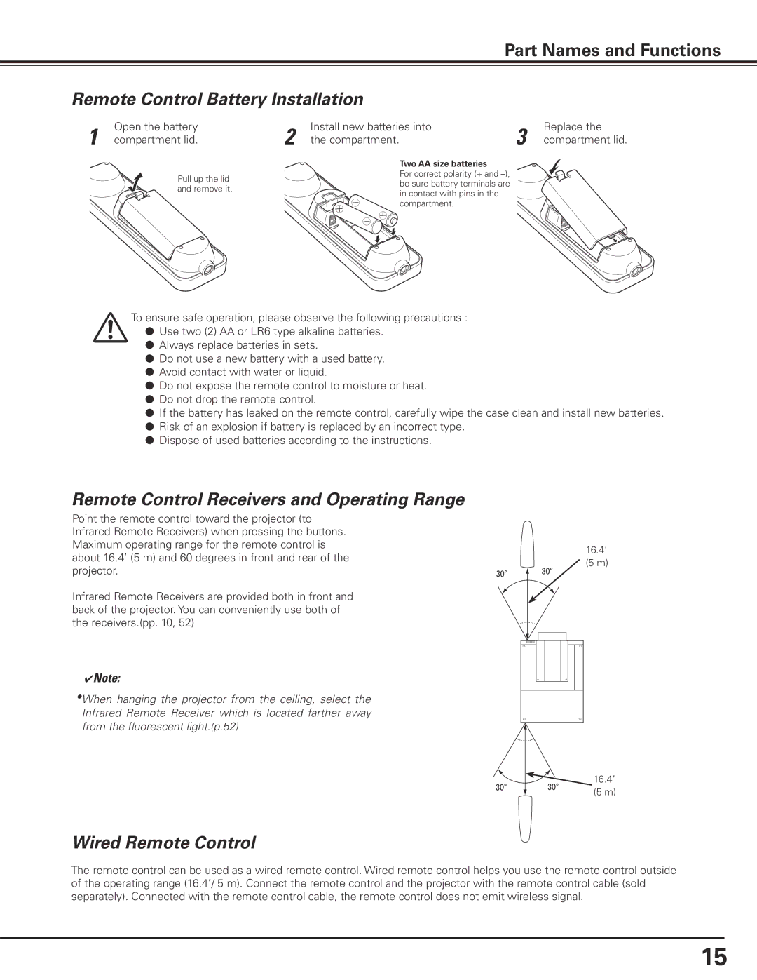 Sanyo PLC-XF71 Remote Control Battery Installation, Remote Control Receivers and Operating Range, Wired Remote Control 