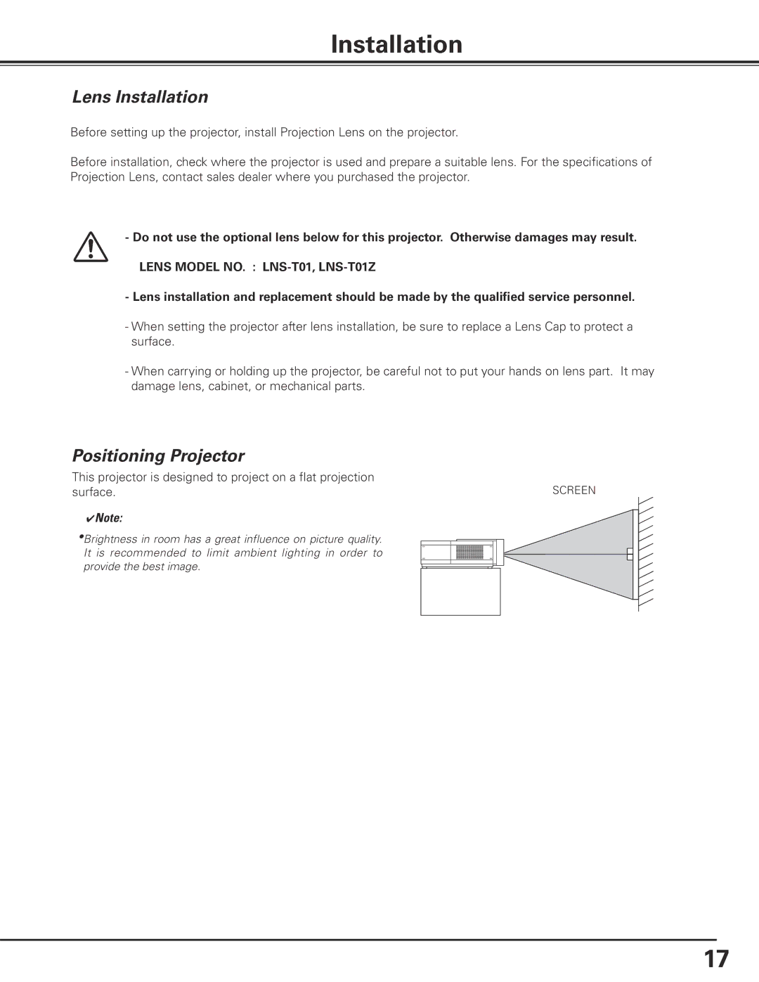 Sanyo PLC-XF71 owner manual Lens Installation, Positioning Projector 