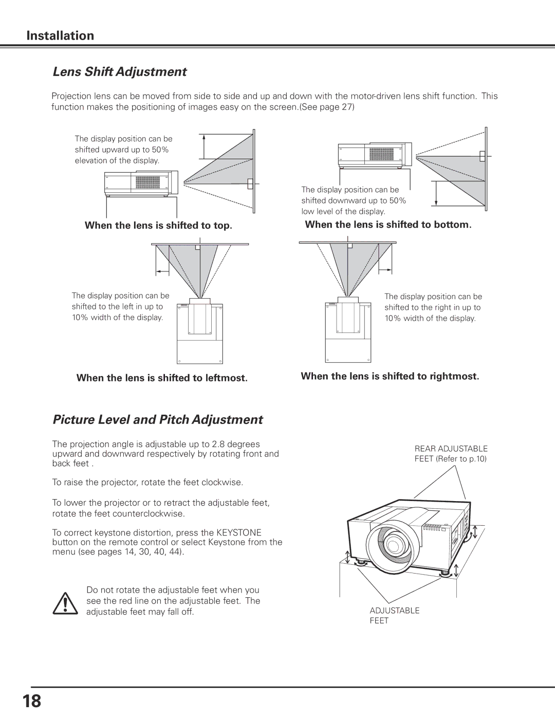 Sanyo PLC-XF71 owner manual Lens Shift Adjustment, Picture Level and Pitch Adjustment, When the lens is shifted to bottom 