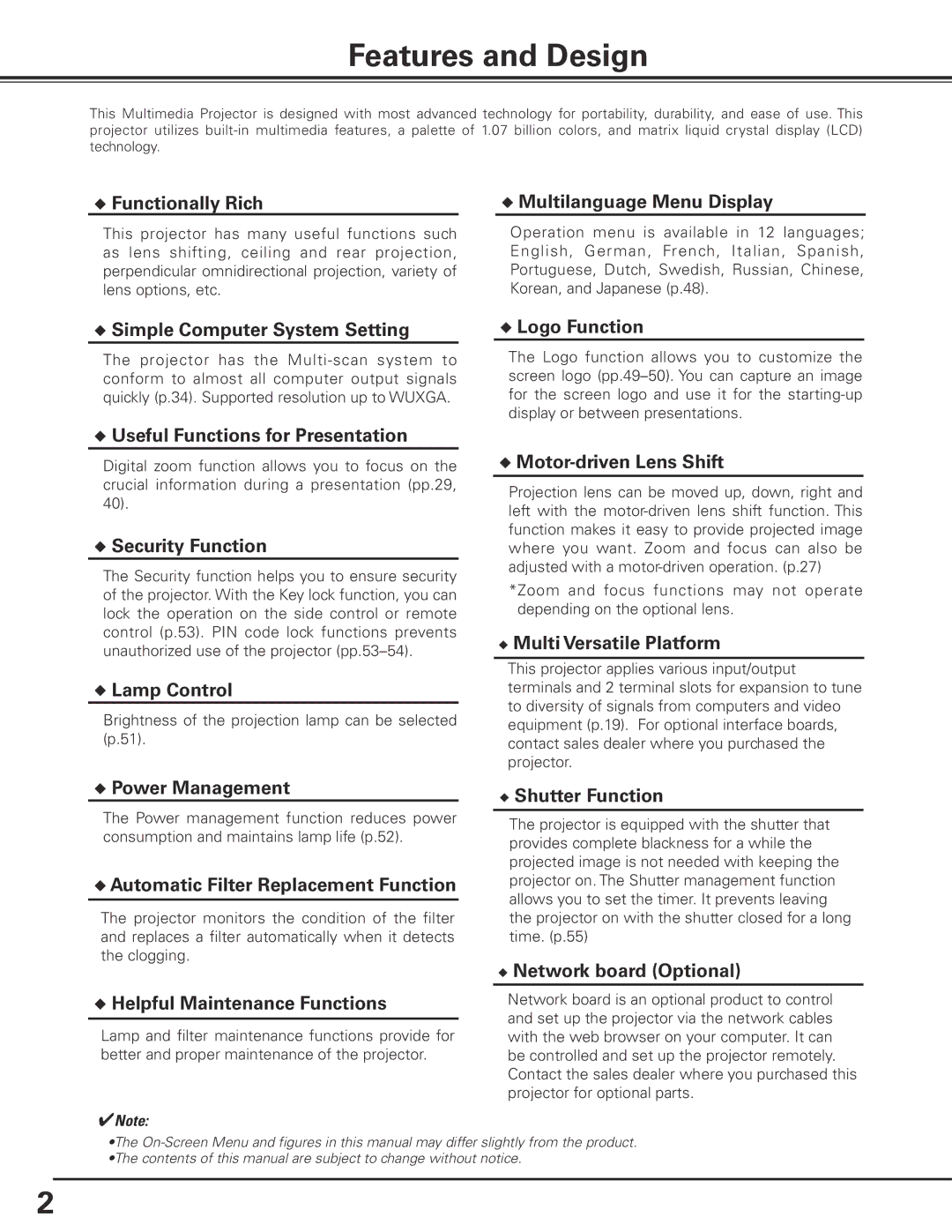 Sanyo PLC-XF71 owner manual Features and Design 