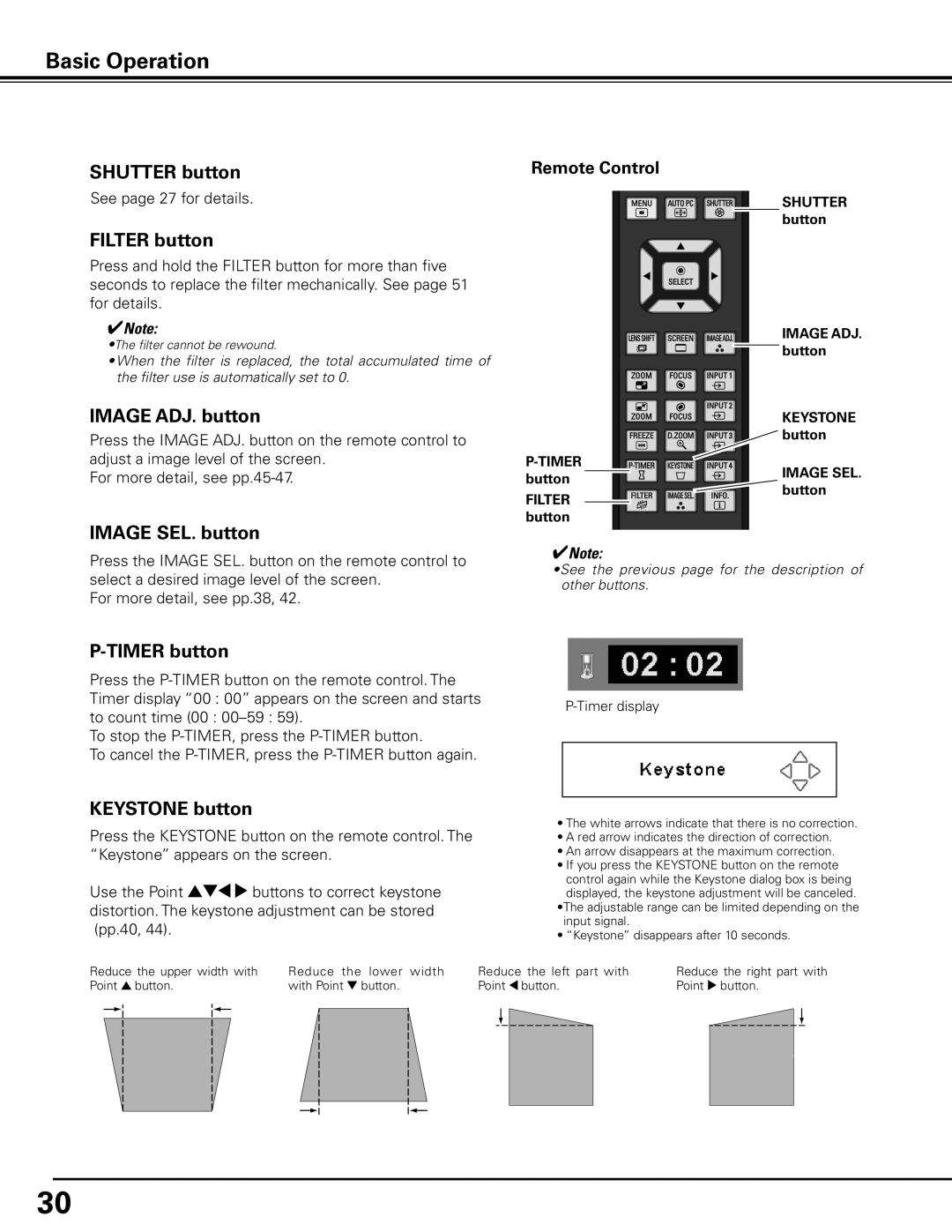 Sanyo PLC-XF71 Shutter button, Filter button, Image ADJ.. button, Image SEL.. button, Timer button, Keystone button 