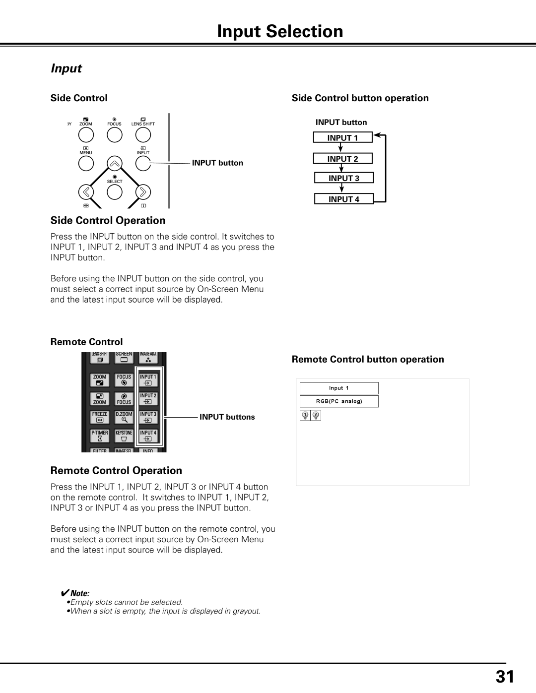 Sanyo PLC-XF71 owner manual Input Selection, Side Control Operation, Remote Control Operation 