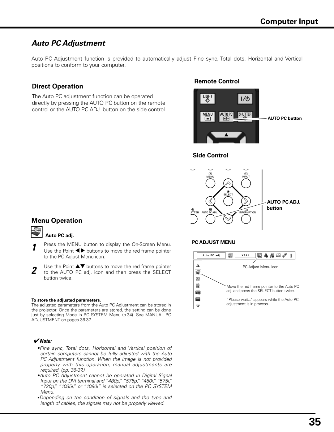 Sanyo PLC-XF71 owner manual Auto PC Adjustment, Direct Operation, Auto PC adj, Auto PC ADJ.. button, PC Adjust Menu 