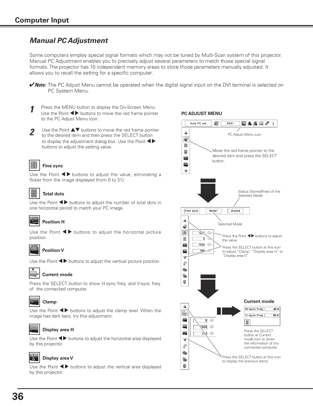 Sanyo PLC-XF71 owner manual Manual PC Adjustment 