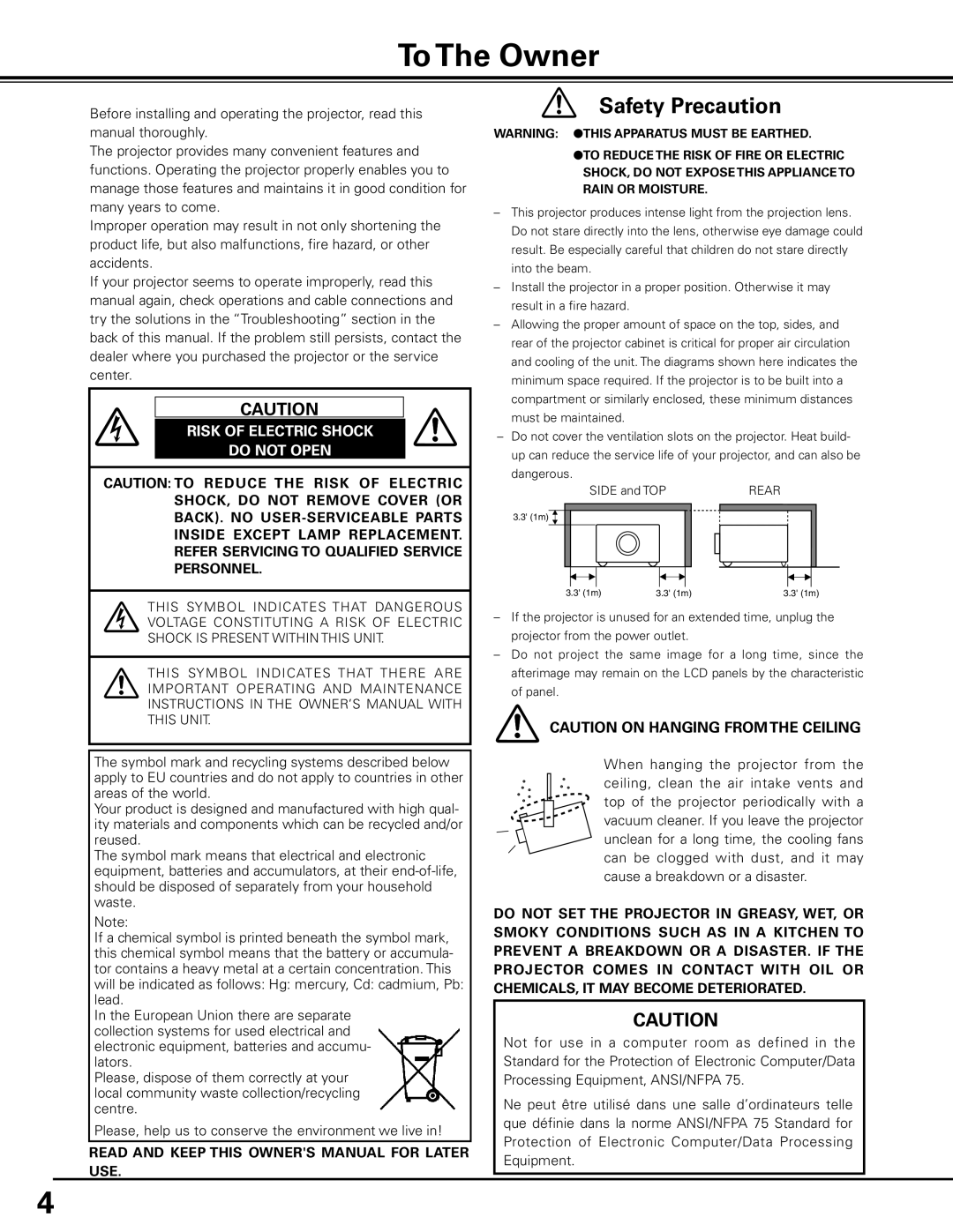 Sanyo PLC-XF71 owner manual To The Owner, Risk of Electric Shock Do not Open 