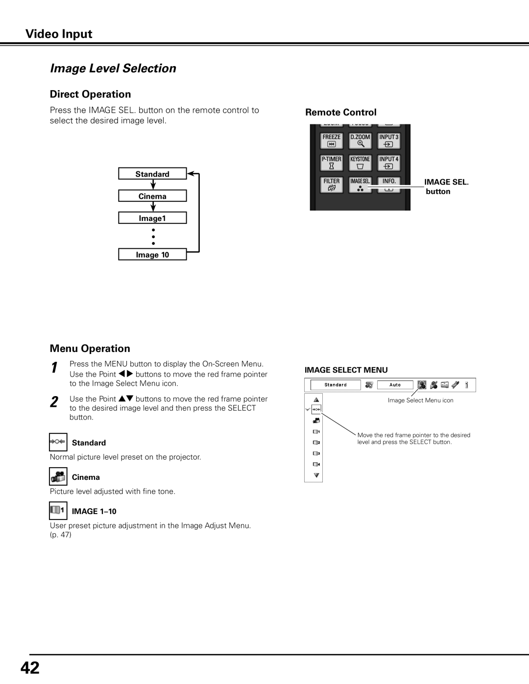 Sanyo PLC-XF71 owner manual Image Level Selection, Standard Cinema Image1 Image SEL.. button 