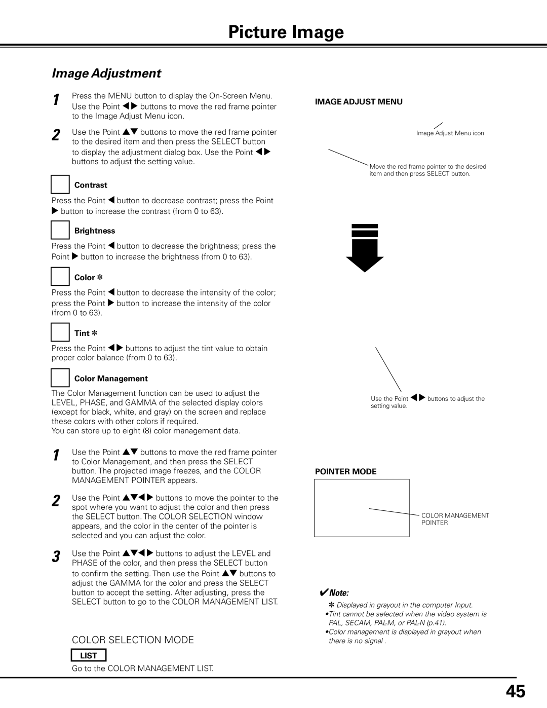 Sanyo PLC-XF71 owner manual Picture Image, Image Adjustment, List, Image Adjust Menu, Pointer Mode 