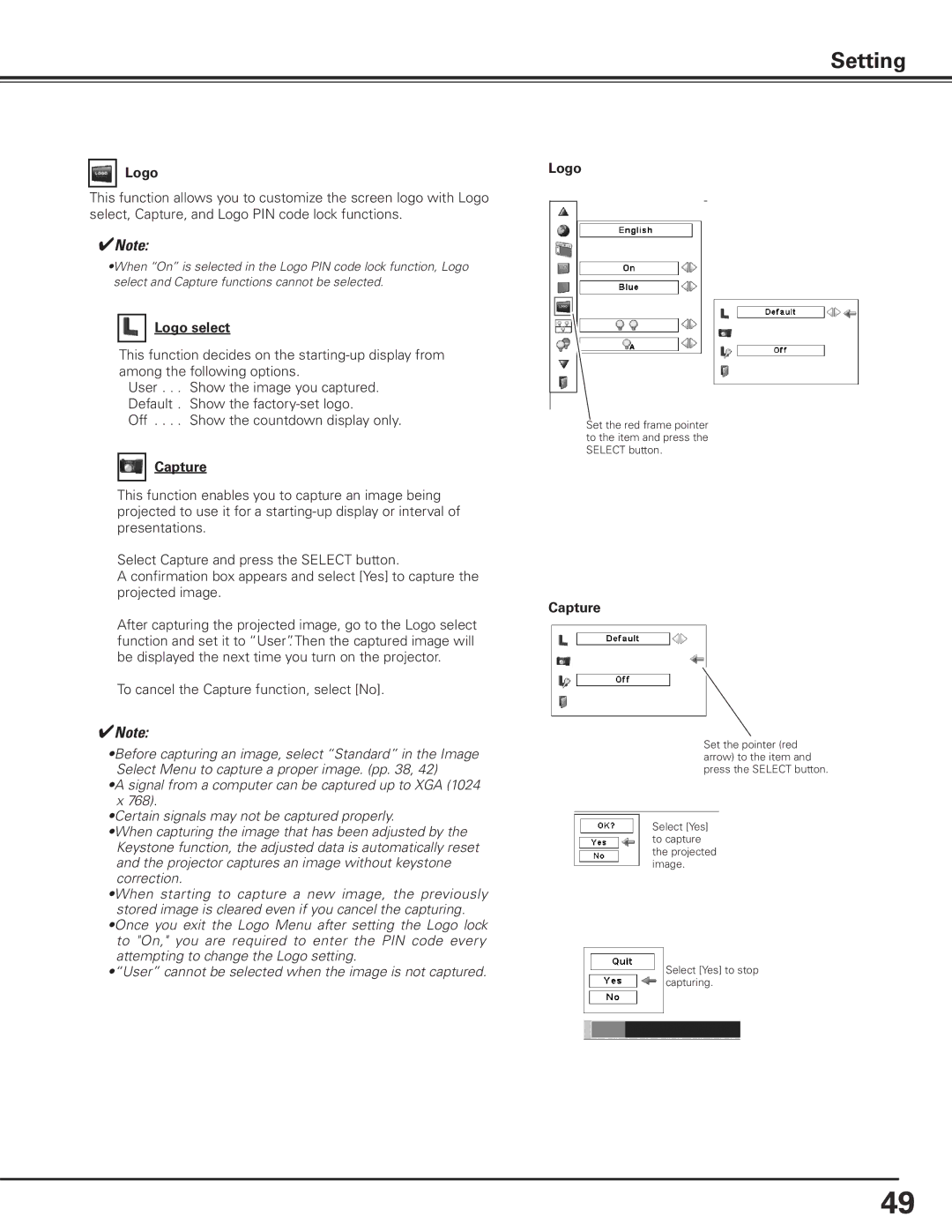 Sanyo PLC-XF71 owner manual Logo select, Capture 