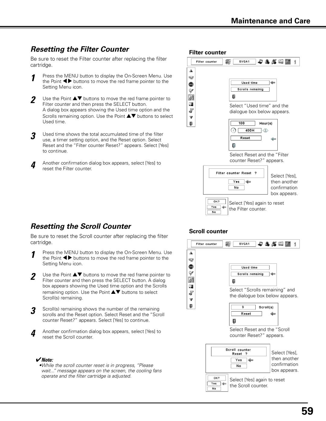 Sanyo PLC-XF71 owner manual Resetting the Filter Counter, Resetting the Scroll Counter, Filter counter, Scroll counter 