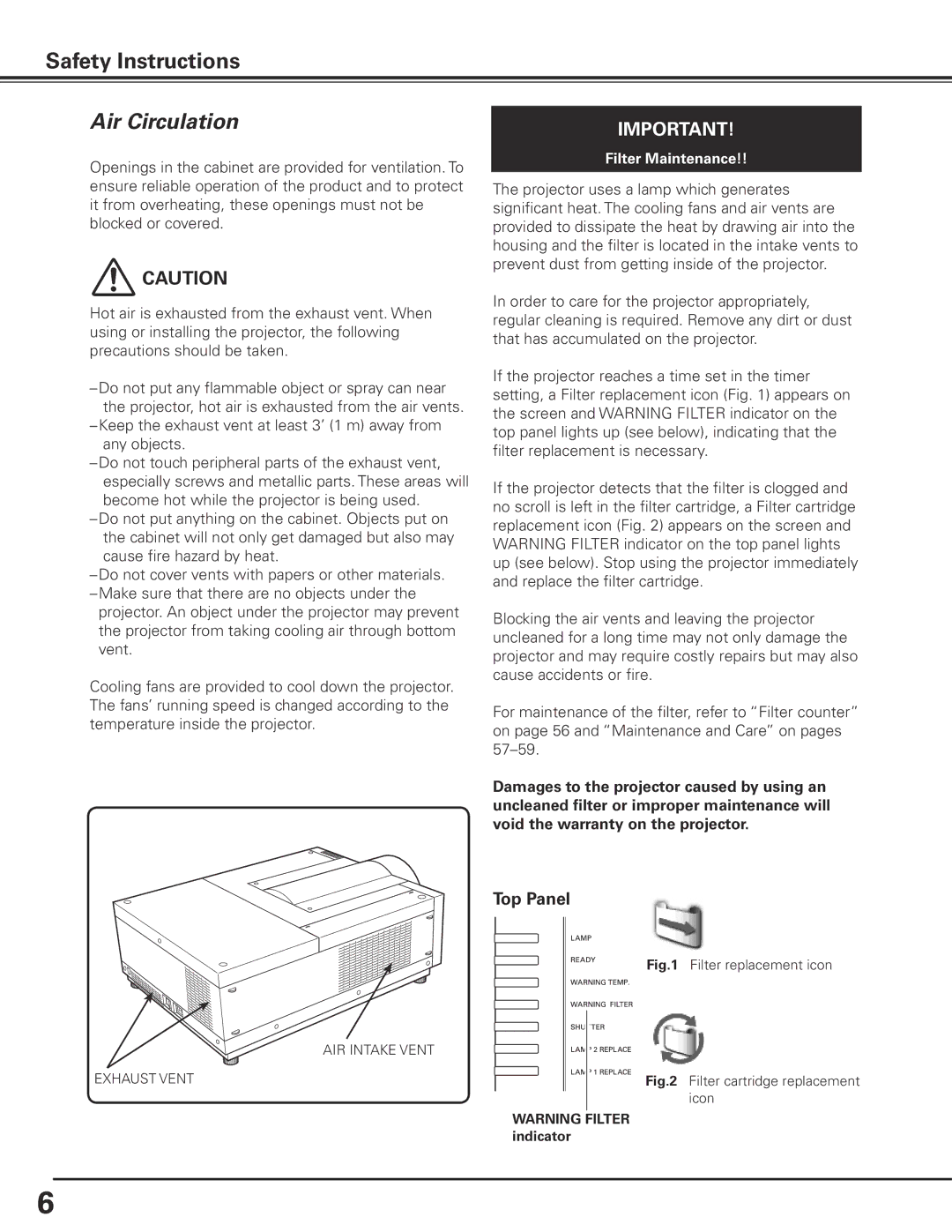 Sanyo PLC-XF71 owner manual Air Circulation, Top Panel 