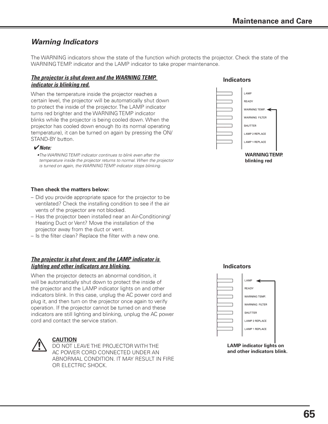 Sanyo PLC-XF71 owner manual Then check the matters below, Lamp indicator lights on and other indicators blink 